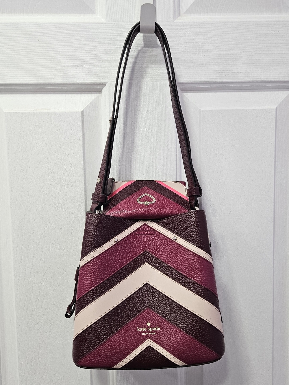 kate spade Chevron Leather Crossbody Bag & Card Case in Burgundy, Pink, Cream - Picture 2 of 15